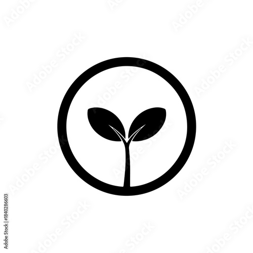 Minimalist icon of a plant sprout with two leaves inside a circular outline, symbolizing new growth, nature, and eco-friendly future isolated on transparent background