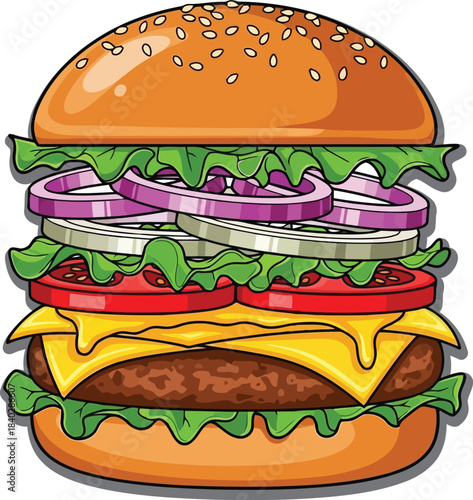 Cartoon hamburger with sesame seed bun and fresh ingredients