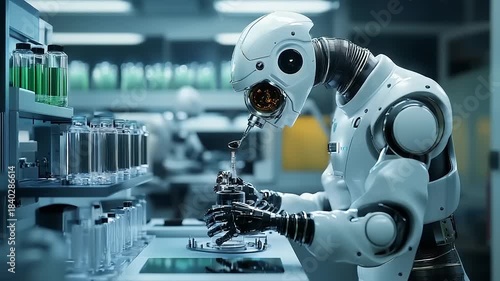 Advanced robotic scientist working in a high-tech lab
