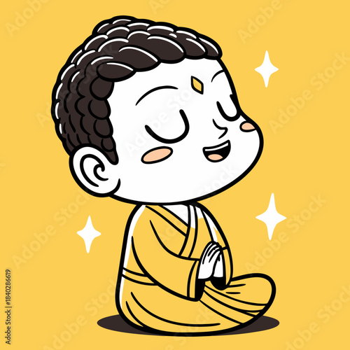 Cartoon-style Buddha figure meditating peacefully in a yellow robe, surrounded by sparkles on a yellow background.