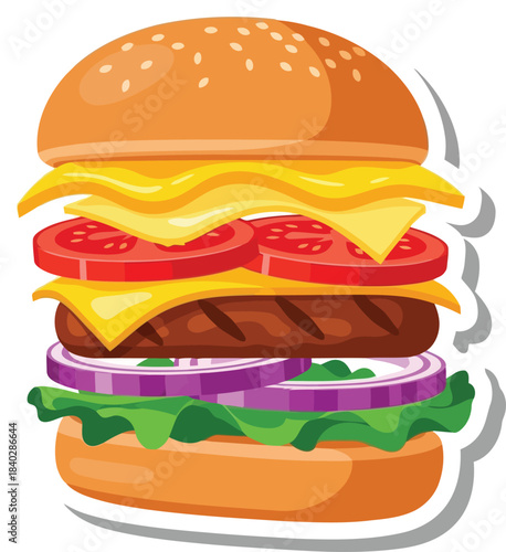 Cartoon hamburger with sesame seed bun cheese tomato onion and lettuce