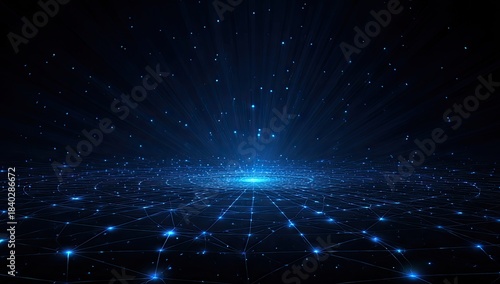 Abstract digital network blue nodes connected by glowing lines in the darkness