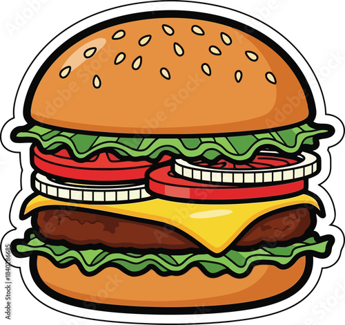Cartoon hamburger with sesame seed bun lettuce tomato and cheese
