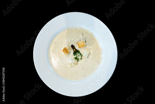 Top view of Truffle Mushroom Soup, focus selective