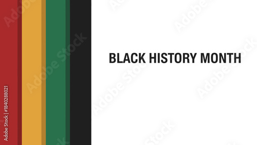 Black history month text overlay on a background featuring the pan african flag colors of red yellow green and black stripes symbolizing heritage and celebration