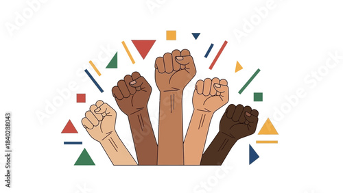 Diverse group of raised fists in different skin tones symbolizing unity strength and solidarity against a backdrop of colorful geometric shapes and lines