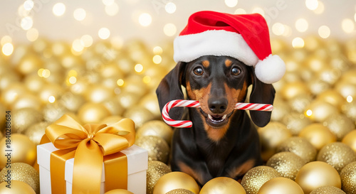 A dachshund wears a Santa hat and holds a candy cane in its mouth, next to a present and golden bauble, evoking holiday cheer and celebration