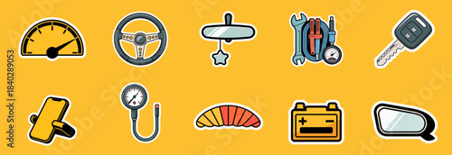 car accessories and parts sticker collection with steering wheel and battery