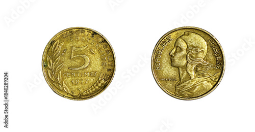 Canvas Print 5 centime coin from France, isolated on a white background.
