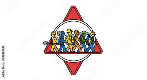 Illustration Representing a Group of Construction Workers inside a Warning Sign