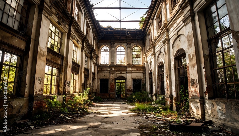 Fototapeta premium Sun-drenched interior of a dilapidated mansion