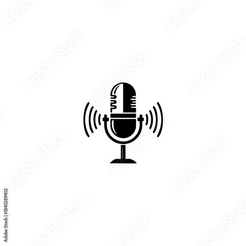 Vintage microphone emitting sound waves for podcasting, broadcasting, recording, and audio transmission isolated on transparent background
