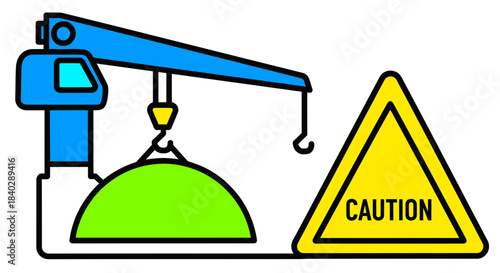 Industrial Crane Symbolising Potential Hazards With Caution Sign Displayed to Warn