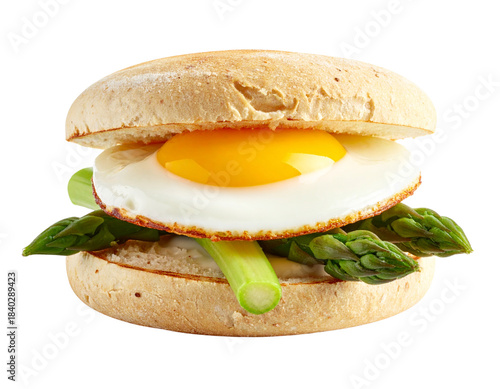 Minimalist Breakfast Muffin Sandwich with Egg and Asparagus, Clean Front View, Isolated on Transparent PNG Background