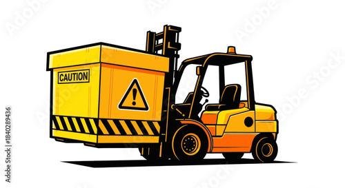 Industrial Forklift Lifting a Caution Box: Illustrated Warehouse Logistics Concept