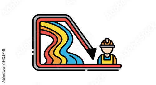 Industrial Process Depicted With Colorful Liquid Flow And A Construction Worker.