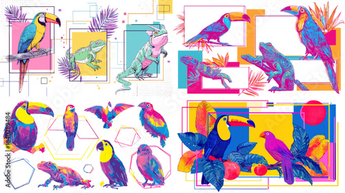 Vibrant pop art illustrations of toucans, parrots, lizards, and tropical wildlife with bold colors and geometric accents. Perfect for posters, branding, apparel, and lively nature themed designs.