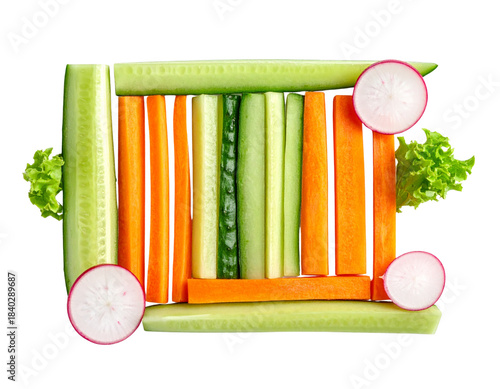  Minimalist Line-Up of Cucumber, Carrot Sticks, and Radish Halves, Isolated on Transparent PNG Background