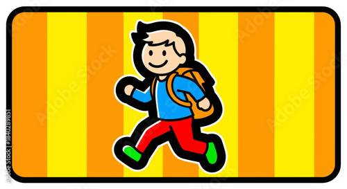Joyful Child Depicted Walking With Backpack Against Striped Orange and Yellow Backdrop