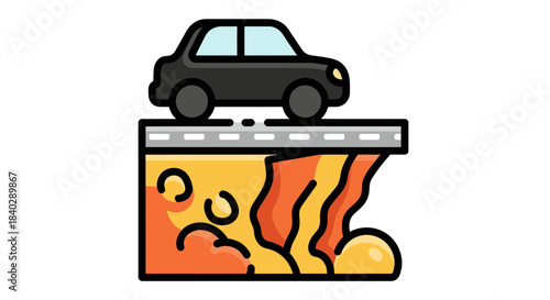 Illustration Of A Car Driving On A Road Above An Erupting Volcanic Territory