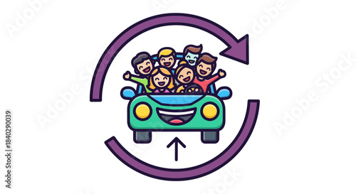 Joyful Group Riding In Car with Travel Symbol, Circulation and Community Concept