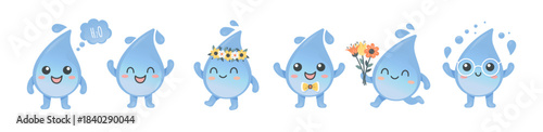 Cute Water Drop Characters Set. Adorable Blue Droplet Mascots with pastel colors, emotions and accessories. Perfect for eco themes, kids projects and educational materials. Vector illustration.