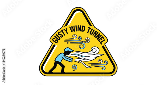 Illustration Of A Gusty Wind Tunnel Warning Sign Featuring An Active Person Blowing a Gale