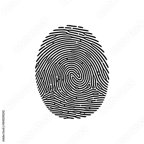 Close-up black and white fingerprint graphic with swirling lines and unique patterns, isolated on white. isolated on transparent background