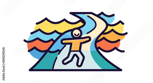 Joyful Person Running on Pathway Toward the Horizon: Vector Illustration of Happiness
