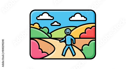 Joyful Person Strolling Along Scenic Pathway In Colorful, Vibrant Landcape Scene