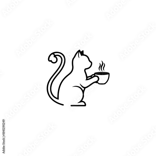 Stylized black and white line art of a cat holding a steaming cup of coffee, isolated on white background. isolated on transparent background