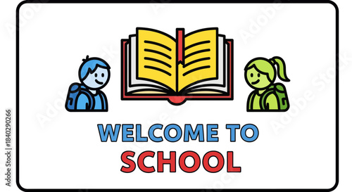 Joyful School Welcome Emblem Showing Children, Book, and Cheerful Students