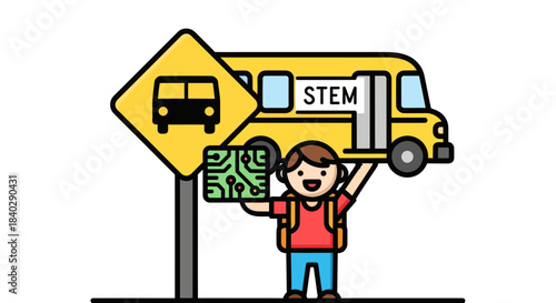 Illustration Of A Student Displaying STEM Concept And An Arrival School Bus