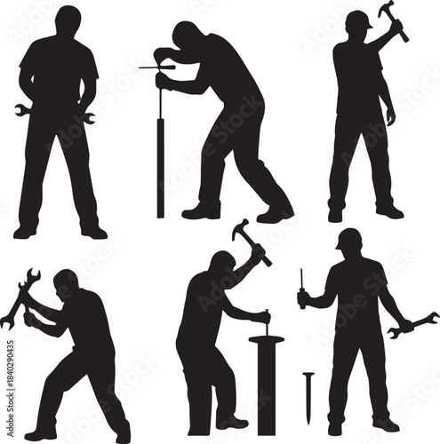 Skilled tradesmen silhouettes engaged in various tasks, representing essential manual labor and construction work with a diverse array of tools for building and repair projects