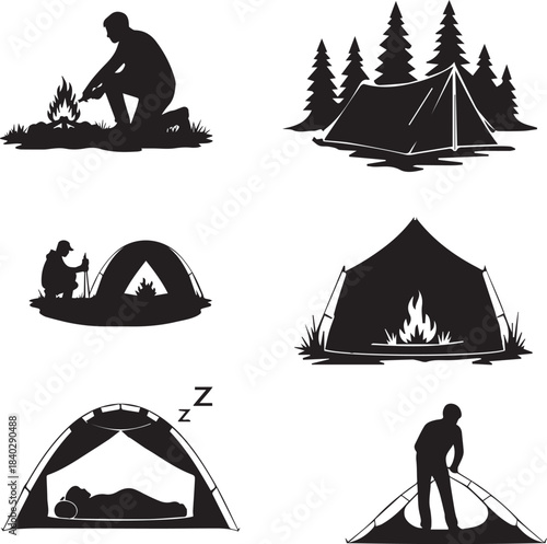 A versatile collection of outdoor adventure and nature exploration icons, depicting essential camping activities like tent pitching, sleeping, and campfire enjoyment for wilderness enthusiasts