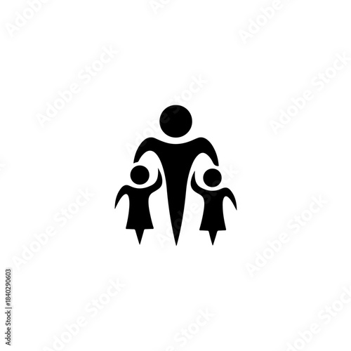 Family icon featuring a parent with two small children, symbolizing care, protection, and upbringing in a simple, graphic illustration. isolated on transparent background