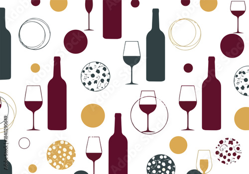 Artistic wine-themed pattern featuring bold bottle silhouettes, glasses, and circular decorations in a minimalist yet festive style on white background.