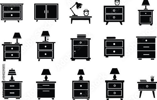 Collection of black silhouette furniture icons featuring bedside tables and cabinets
