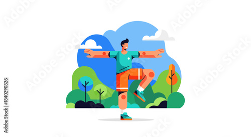 Illustration Of Person Exercising Outdoors Surrounded By Nature In A Colorful Vector Style