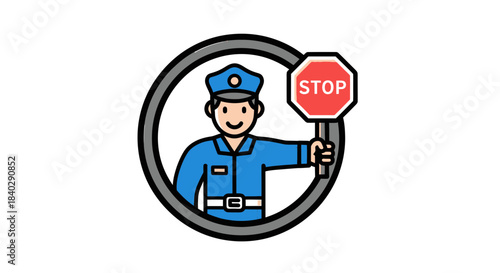 Illustration Of Policeman With Stop Sign Inside Circle Representing Authority And Safety