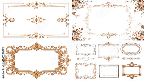 Luxurious vintage frames with ornate baroque details, gold accents, and floral embellishments. Suitable for invitations, certificates, packaging, branding, and classic decorative artwork.