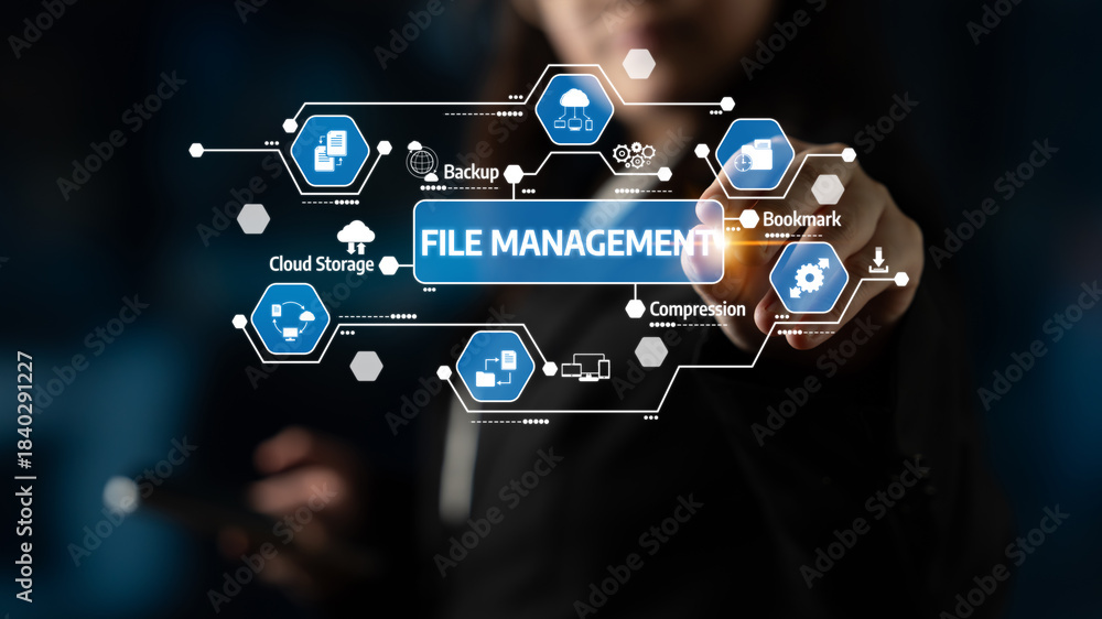 Fototapeta premium Explore the modern concept of digital file management featuring cloud storage, data backup, and user interactions, showcasing efficiency in a tech-driven environment. Tessel