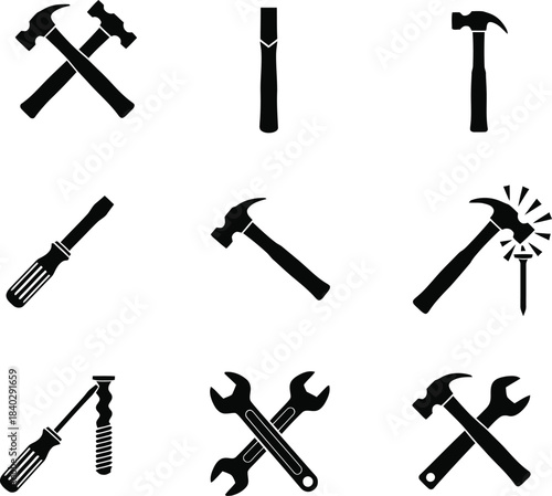 Collection of black silhouette icons depicting various hand tools for construction and repair