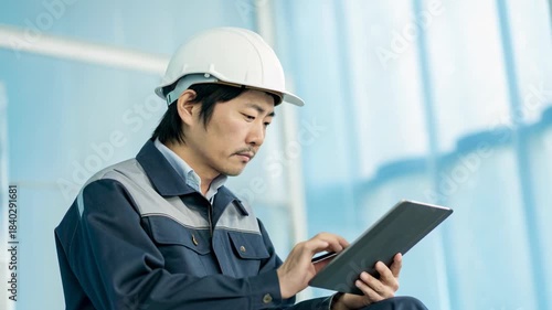 Asian engineer safety helmet tablet inspection digital checklist industrial worker construction focused professional using stylus for planning modern