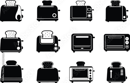 Collection of modern kitchen toasters and toaster ovens in a black and white style