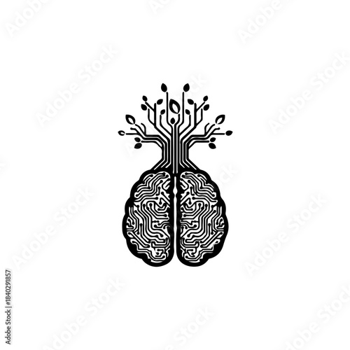 Brain circuit tree symbol, merging neural pathways with technology, natural growth, artificial intelligence, innovation concept. isolated on transparent background