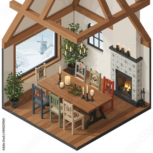 Cozy modern dining room with wood accents, colorful chairs, and a warm fireplace with holiday