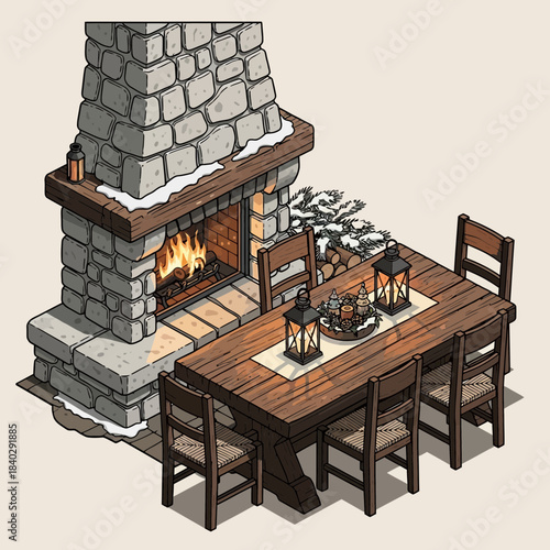 cozy rustic dining area with stone fireplace and wooden table setting for winter evenings