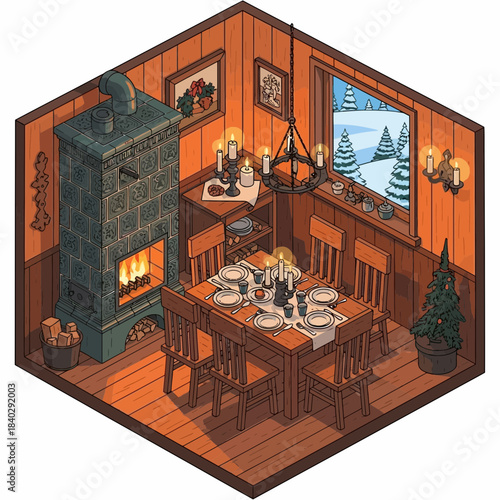 cozy rustic dining room with a wood-paneled interior and fireplace warm ambiance and holiday decor