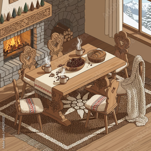 Cozy rustic dining room with a warm fireplace and a wooden table setting for family meals